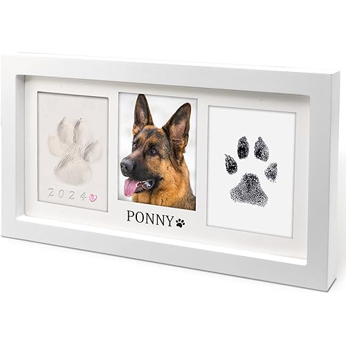 MYPAWLETS Extra Large Paw Print Frame Kit,Dog/Cat Paw Print Kit,Soft Pawprint Clay&Clean Touch Ink Pad,Pet Paw Print Impression Kit with Customization Tool,Wooden Pet Memorial Frame-White