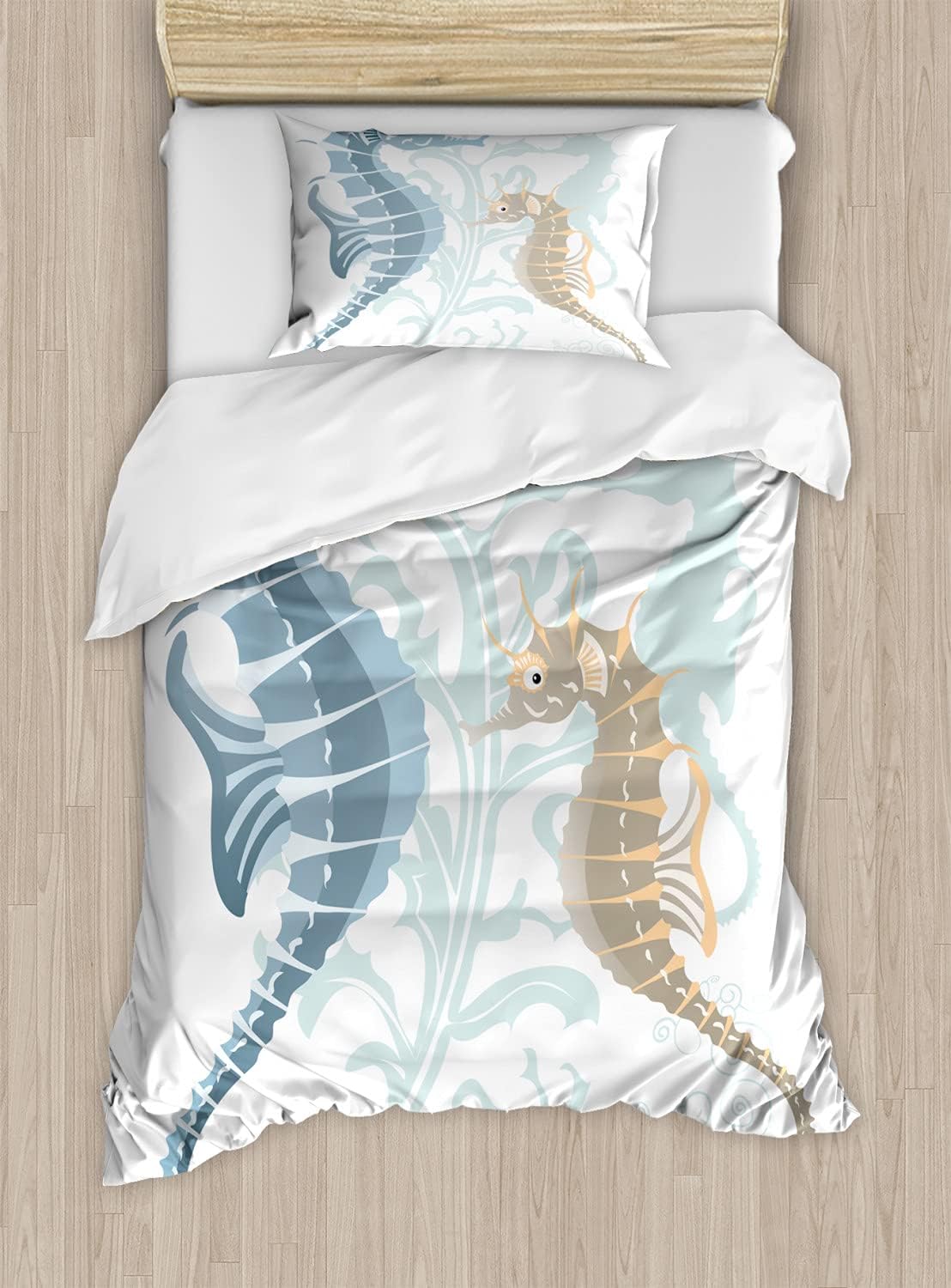 Ambesonne Animal Duvet Cover Set, Pair of Little and Big Fishes in Soft Colors Featured Design Tropical Creatures, Decorative 2 Piece Bedding Set with 1 Pillow Sham, Twin Size, Blue Cream