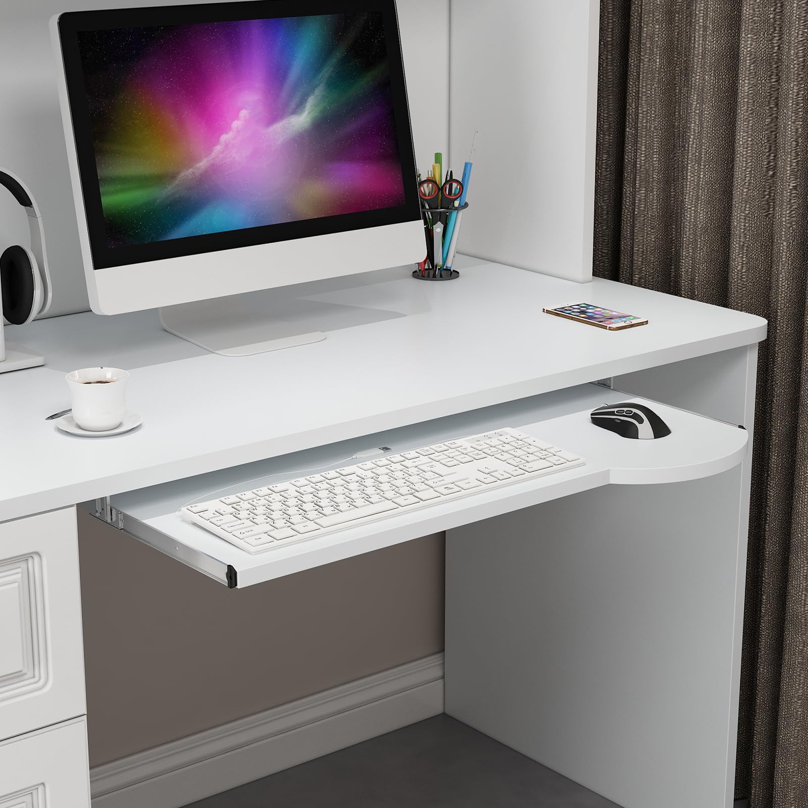 Wansiman White Under-Desk Keyboard Drawer,Under Desk Keyboard Tray Sliding,Office Desks Organizer Keyboards Drawer Tray,Smooth Pull-Out,Suitable For Home Office Or Workspace