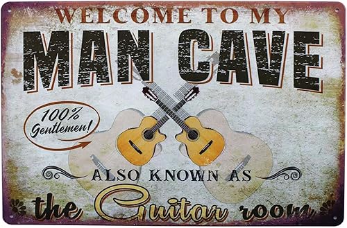 SUMIK Letrero de metal con texto en inglés "Welcome To My Man Cave The Guitar", placa vintage para decoración de pared para el hogar