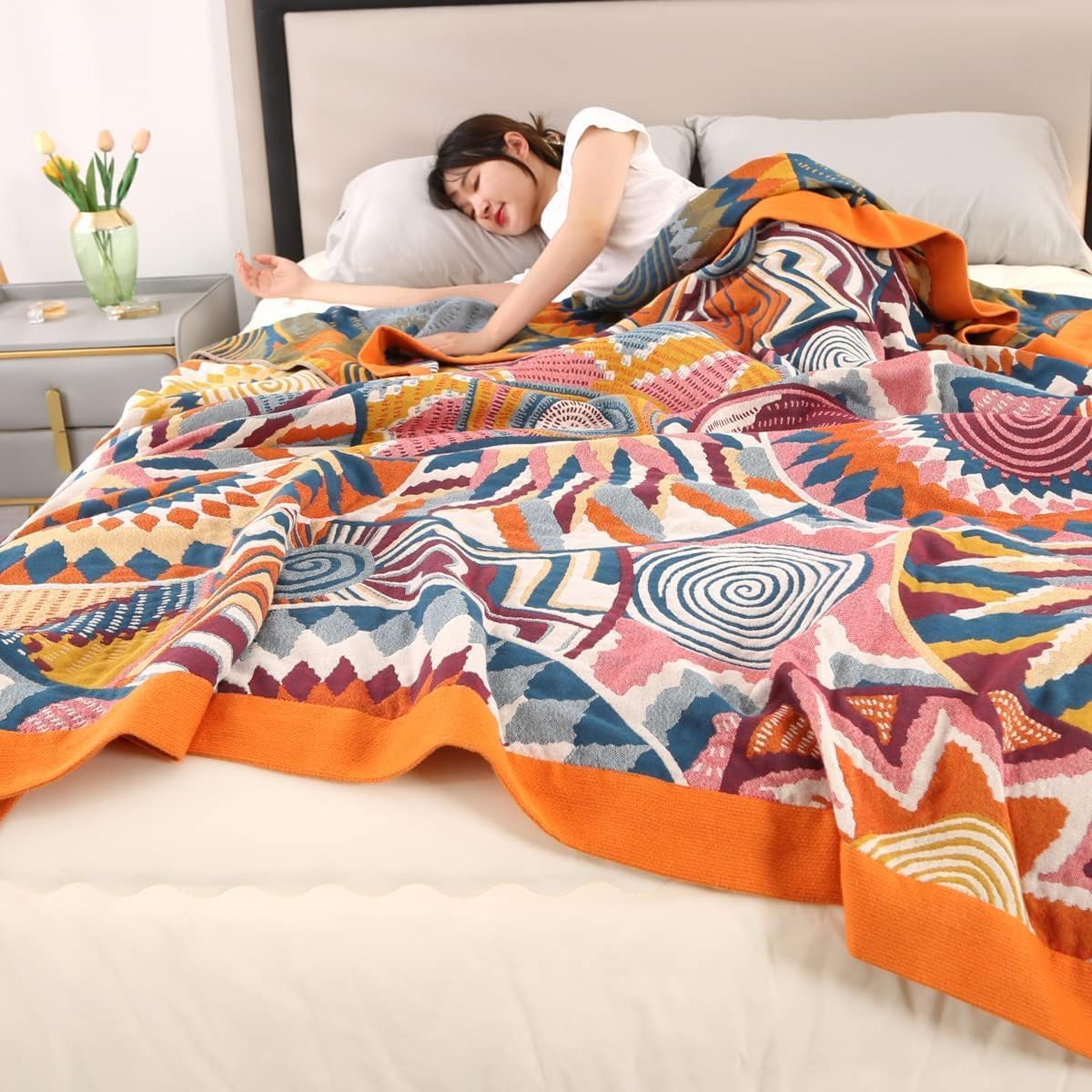 Rainbow 4 Layers of Gauze Blanket, Extra Large Boho Lightweight Breathable Bed Blankets Colorful Muslin Throw Blanket for All Seasons Twin Size.