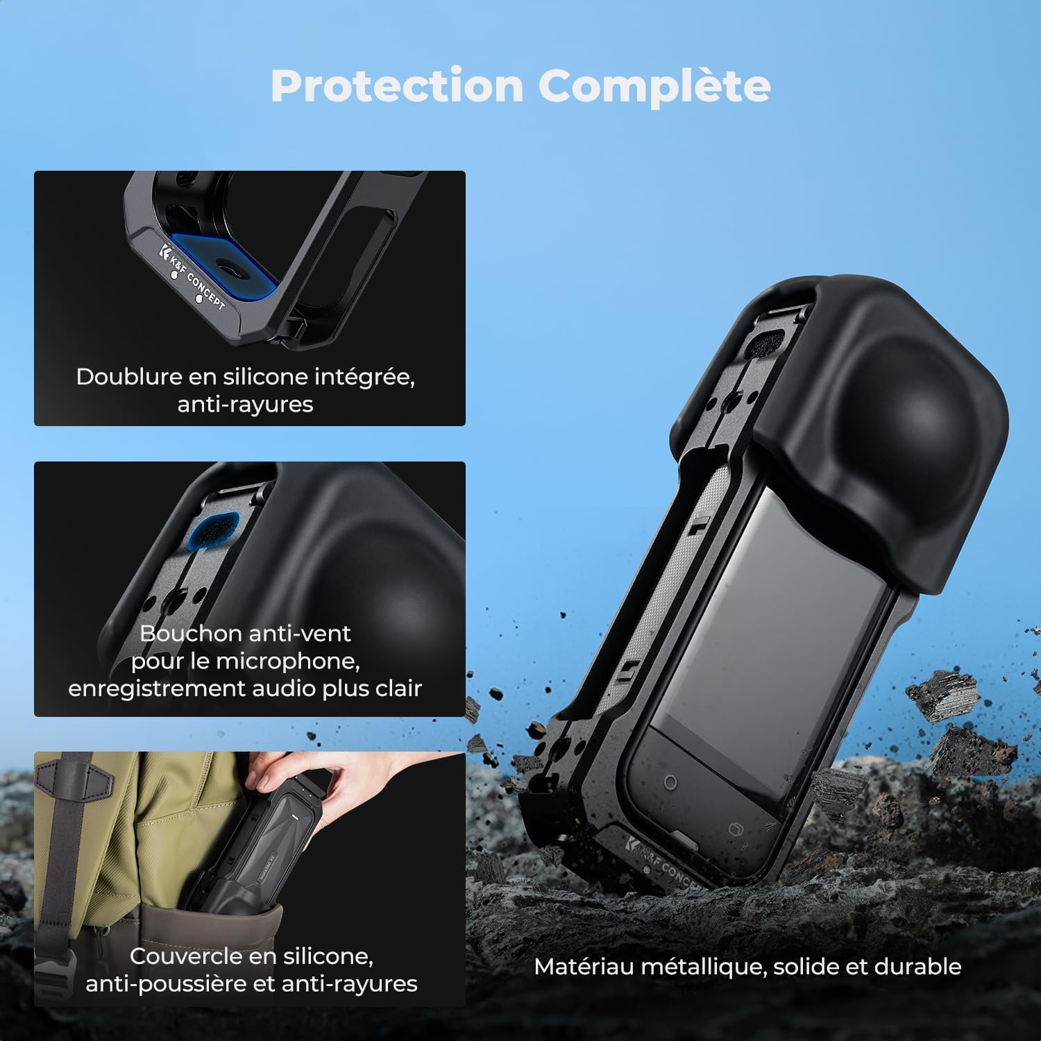 K&F CONCEPT Cage de Protection Compatible avec Insta360 X5, Cadre de Protection en Alliage d'Aluminium avec Capuchon de Lentille en Silicone + Lentille Silicone + Écran Protégé | 1/4" + 2 Cold Shoe