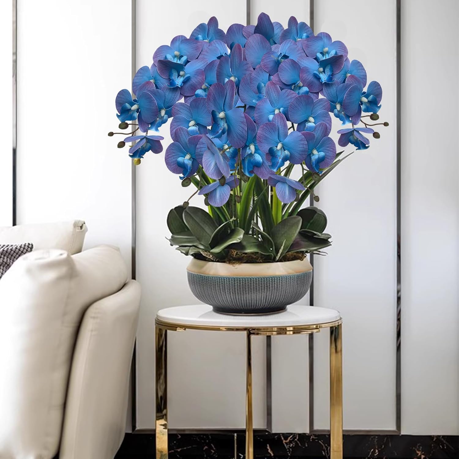HinyoCo 5 Pcs Artificial Orchid Flowers and 2 Bundles Leaves,Artificial Phalaenopsis Flowers 32 Inch Stem Plants for Home Wedding Decoration (Blue and Purple Edges)