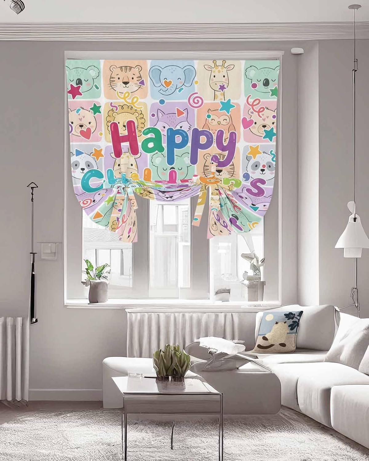 Tie Up Curtains for Windows, Happy Children's Day Adjustable Balloon Nature Linen Textured Kitchen Curtain, Cartoon Curtain Animals Blackout Curtains for Living Room, 46 x 63 Inches