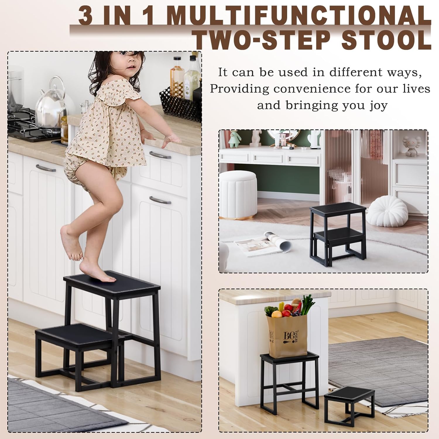 Step Stool for Kids Adults,Holds up to 500Lb,3 in1 Heavy Duty Sturdy Two Foot Stool for Kichen/Bathroom/High beds, Wooden&Metal Frame, Non-Slip Pads…