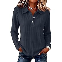 Henley Tops for Women Waffle Knit Ribbed Long Sleeve Oversized Tshirt