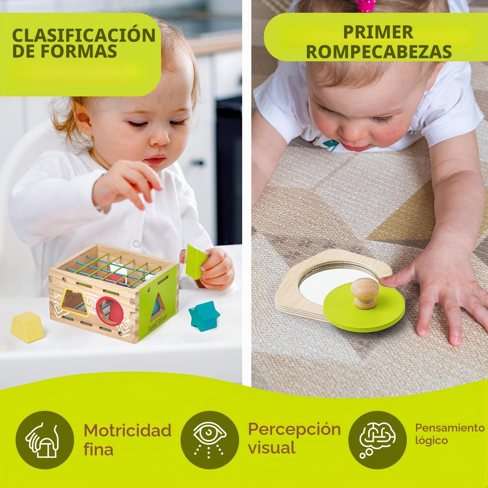 Giant bean Montessori Juguete a partir de 6 – 12 meses, juguete Montessori 5 en 1, torre apilable, juguete sensorial de mordedor, rompecabezas con espejo, caja permanente de objetos, regalo para bebés