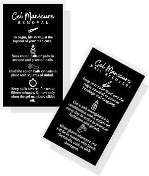 Gel Manicure Removal & Nail Recovery Instruction Cards | 50 Pack | 2x3.5" inch Business Sized Cards | Gel Manicure Aftercare | Nail Artist Supplies | Black and White Design