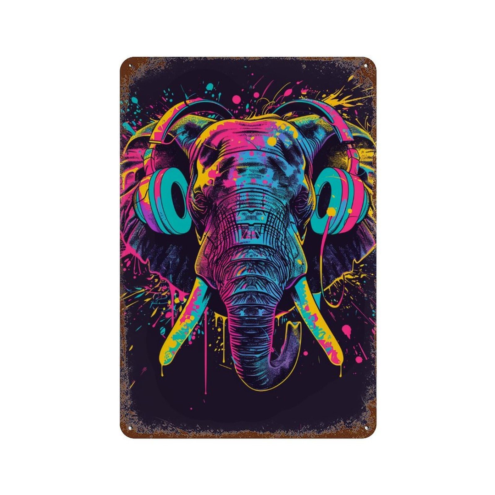 Colorful Elephant Headphones Art Print -1 Rustic Tin Plaque 11.8"x7.9", Classic Wall Plaque for Garage, Pub Or Kitchen