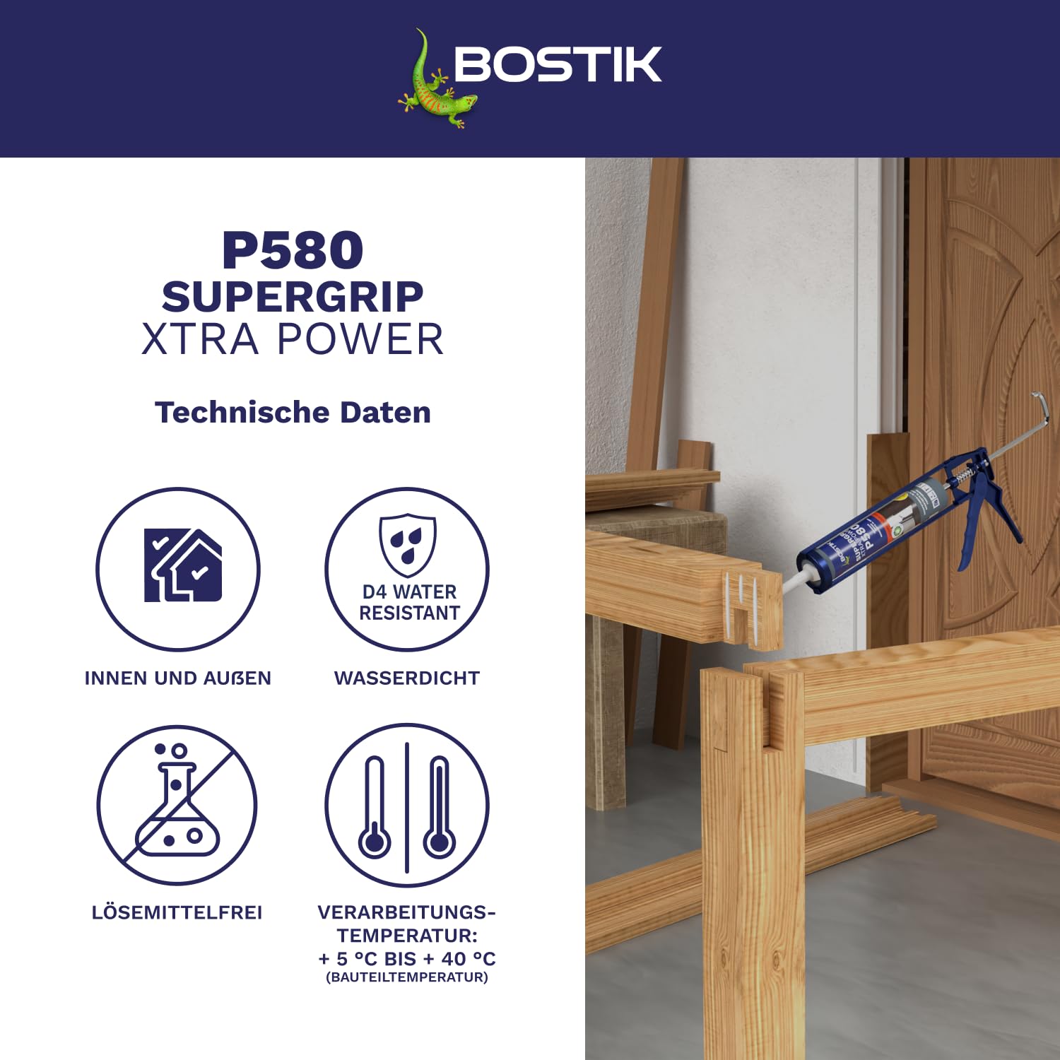 Bostik P580 Supergrip Xtra Power beżowy klej montażowy PU (435 g), wkład 290 ml