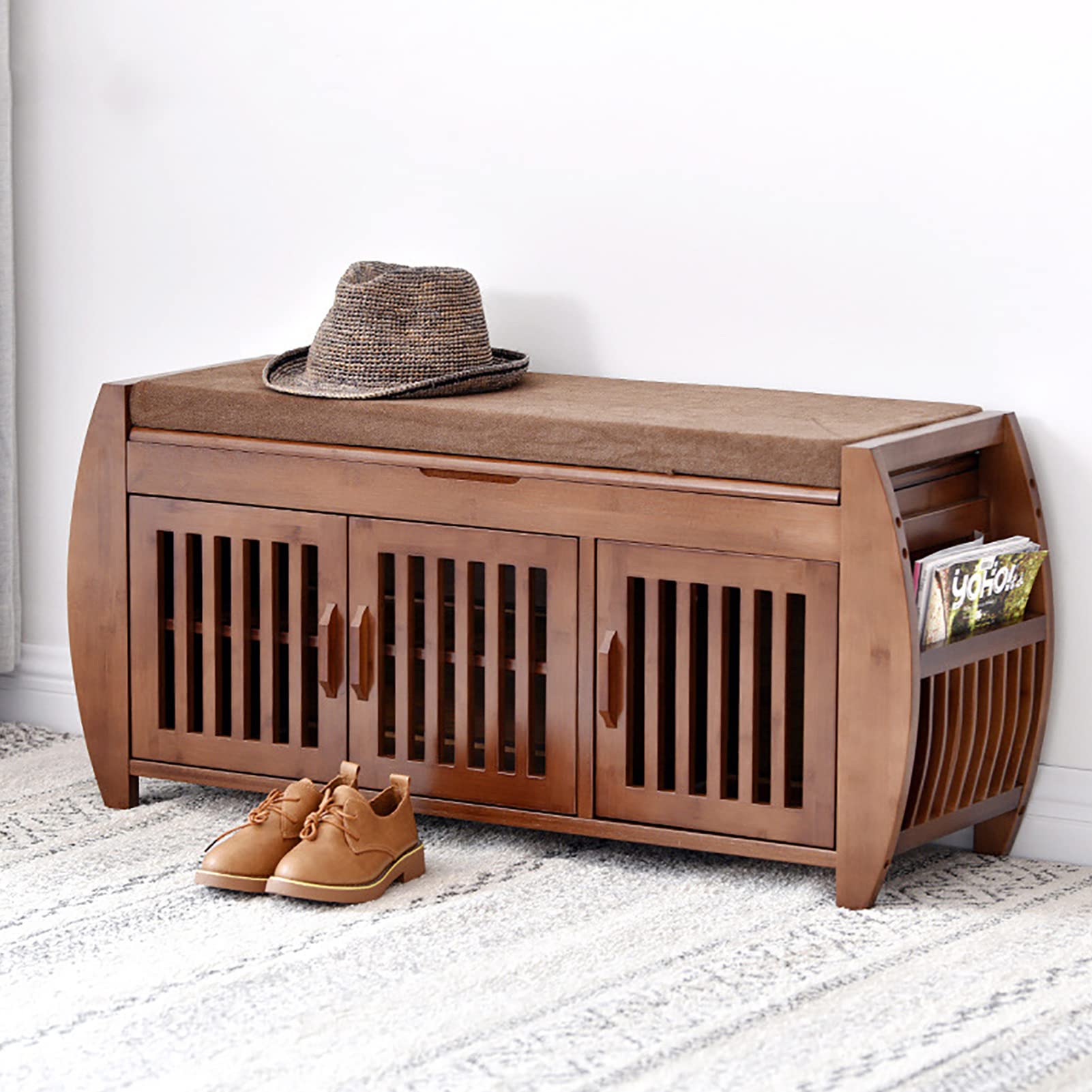 Banc à chaussures en bois avec meuble à chaussures 2 niveaux et tabouret de rangement entrée