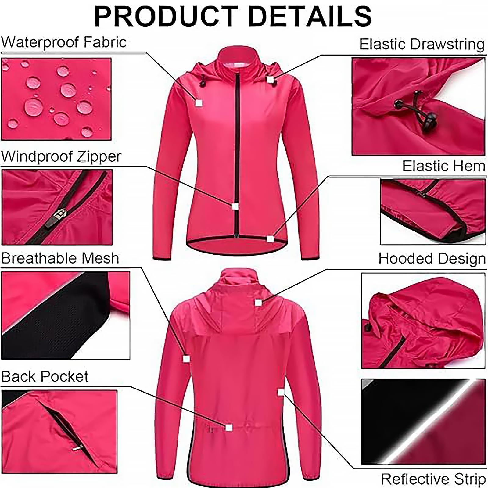 Chaqueta de Ciclismo y Running para Mujer con Tiras Reflectantes y Cremallera, Impermeable, Cortavientos, Ligera y Transpirable para Correr, Ciclismo y Jogging,Black-M