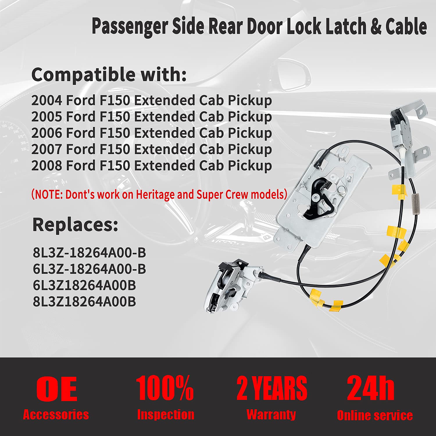 Rear Door Lock Latch & Cable - Right Passenger Side - Replacement for 2004-2008 Ford F150 Extended Cab Pickup, Upper and Lower Locking Latches Assembly Replaces# 8L3Z-18264A00-B 6L3Z-18264A00-B
