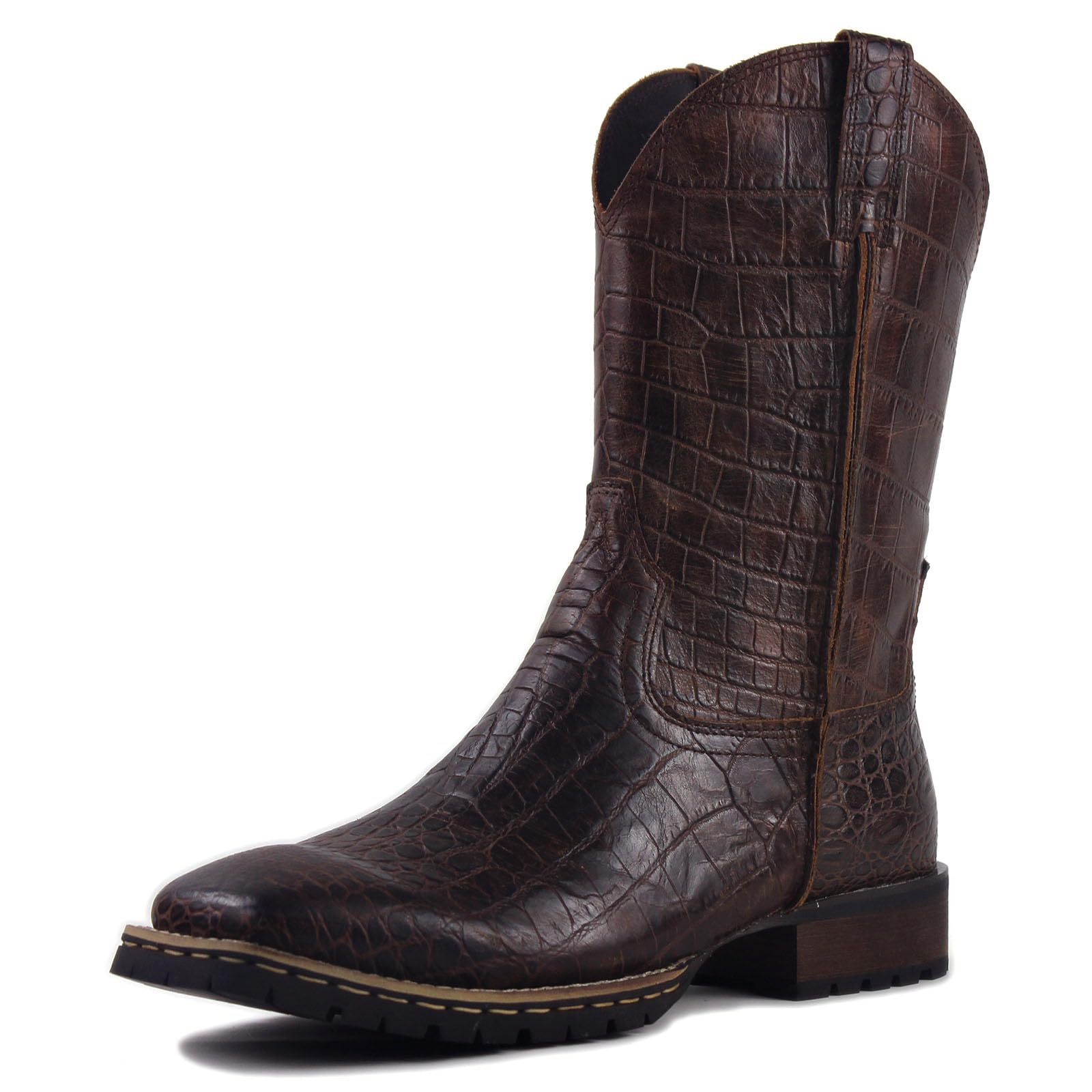 OSSTONE Herren Leder Cowboy stiefel Boots-Motorrad-Leder-Schuhe slip on stiefeletten Western Boots OS-5008-H10-BD-DE-R
