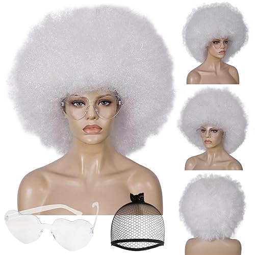 BESTBEL+Hair Cap White Afro Wig and Sunglasses Short Curly Wigs