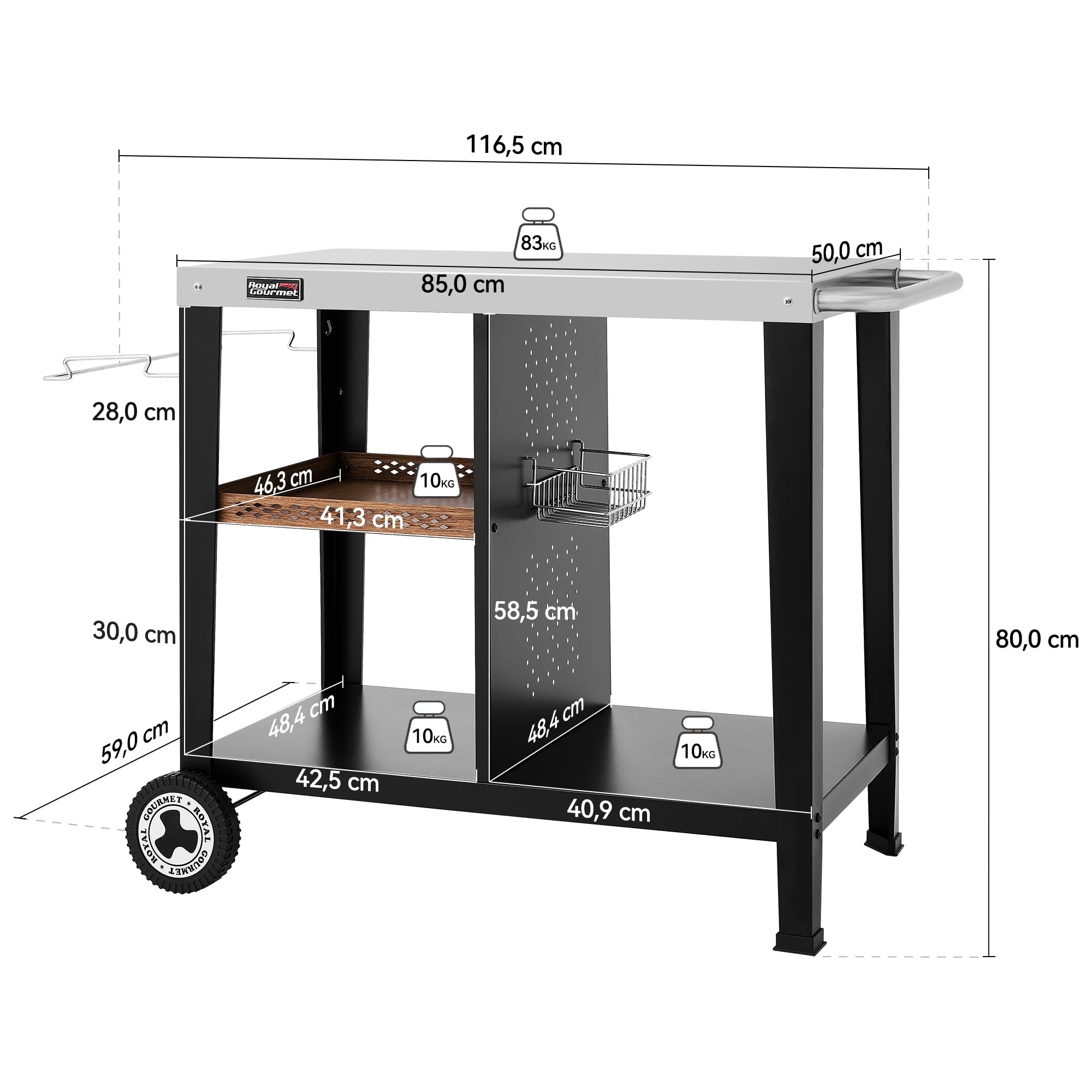 Royal Gourmet Table de Barbecue avec Plaque en Acier Inoxydable de 85 x 50 cm - Chariot de Barbecue à 3 étages pour Barbecue de Table et Fours à Pizza, Chariot avec poignées, Porte-Sac Poubelle et