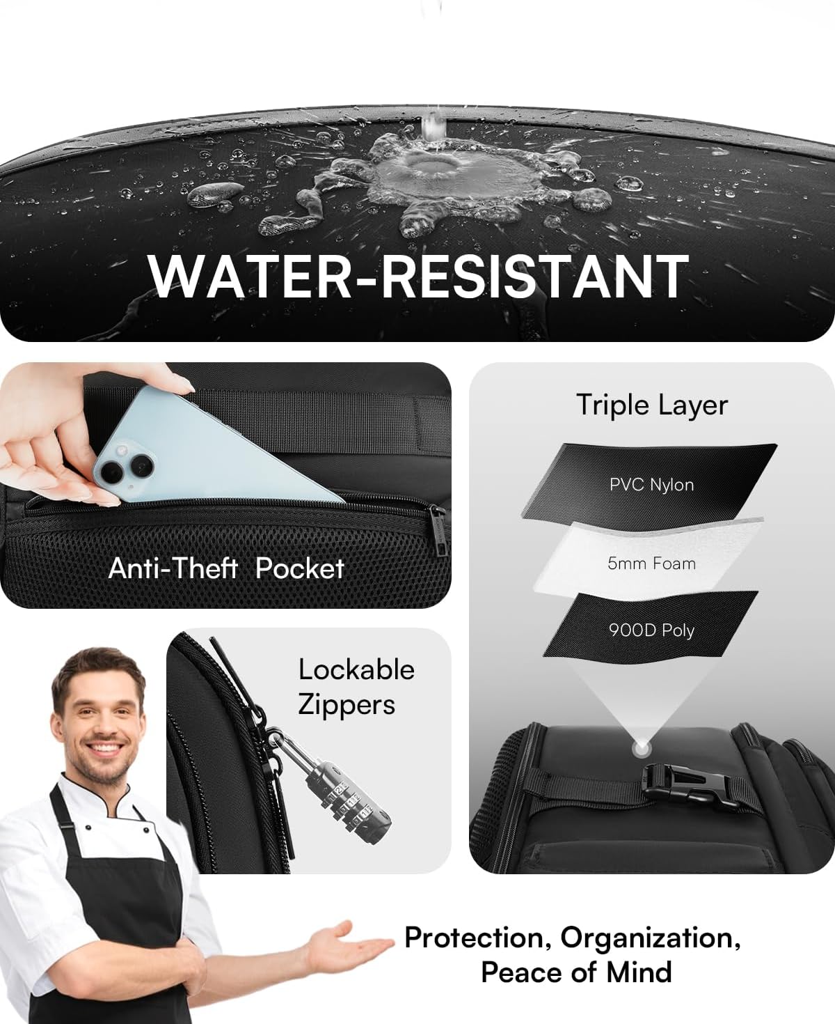 Chef Knife Backpack with Waterproof Pocket, 30+ Pockets for Knives and Tools, Knife Bags for Chefs Professional Culinary Apprentice Private Chefs, Pocket for Tablet Laptop (Knife Not Included)