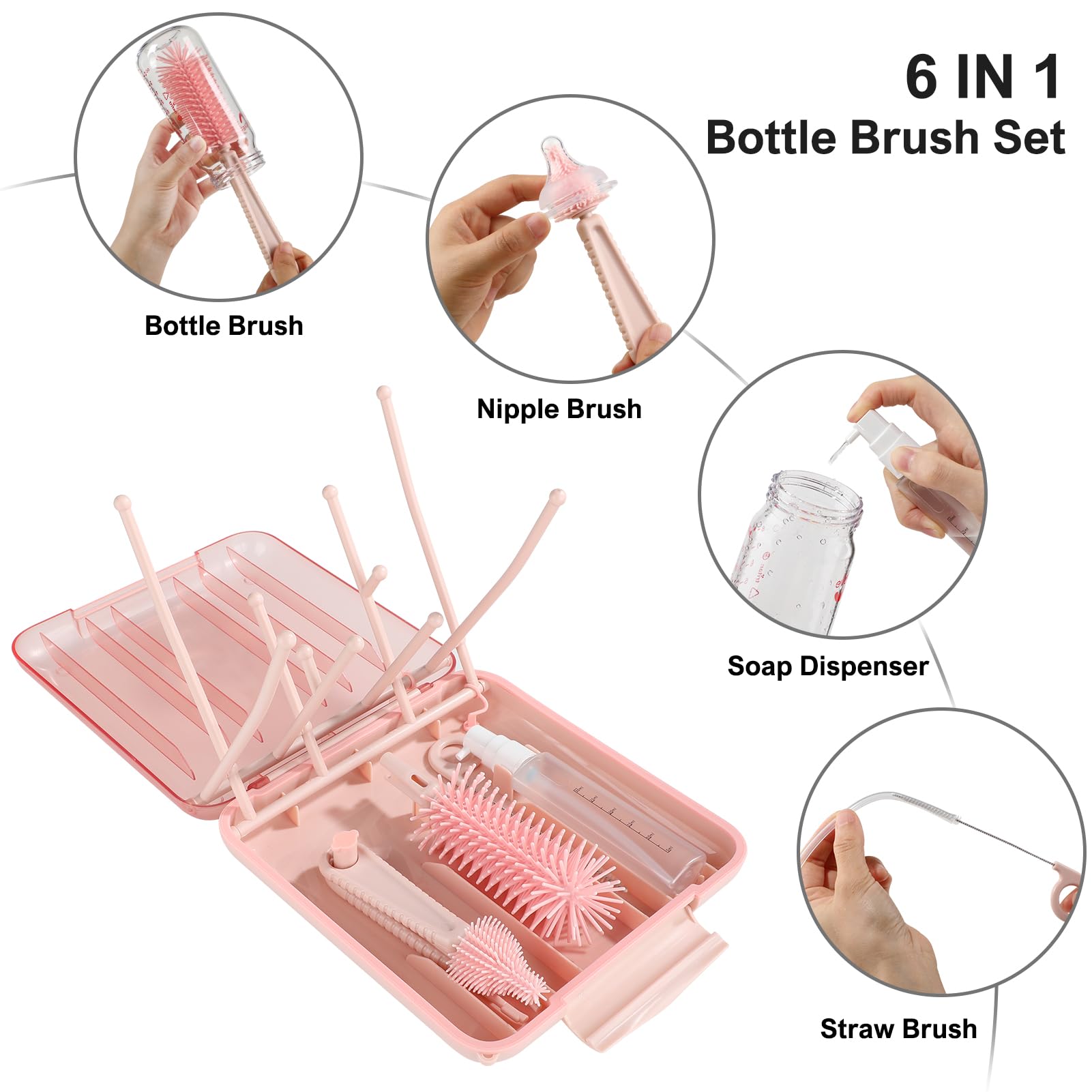 YomauiYee Babyflaschenbürsten-Set, 6-in-1, Flaschenbürstenreiniger mit Silikon-Flaschenbürste, Trockengestell, Nippelbürste, Strohhalmbürste, Seifenspender und Aufbewahrungsbox, Baby-Essentials