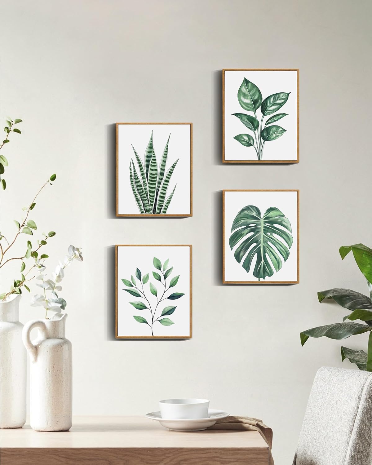 Drsoum Botanical Canvas Framed Wall Art Watercolor Green Leaf Tropical Plant Art Prints Boho Decor for Bedroom Bathroom Kitchen Home Office Decorations 8"x 10"x 4pcs