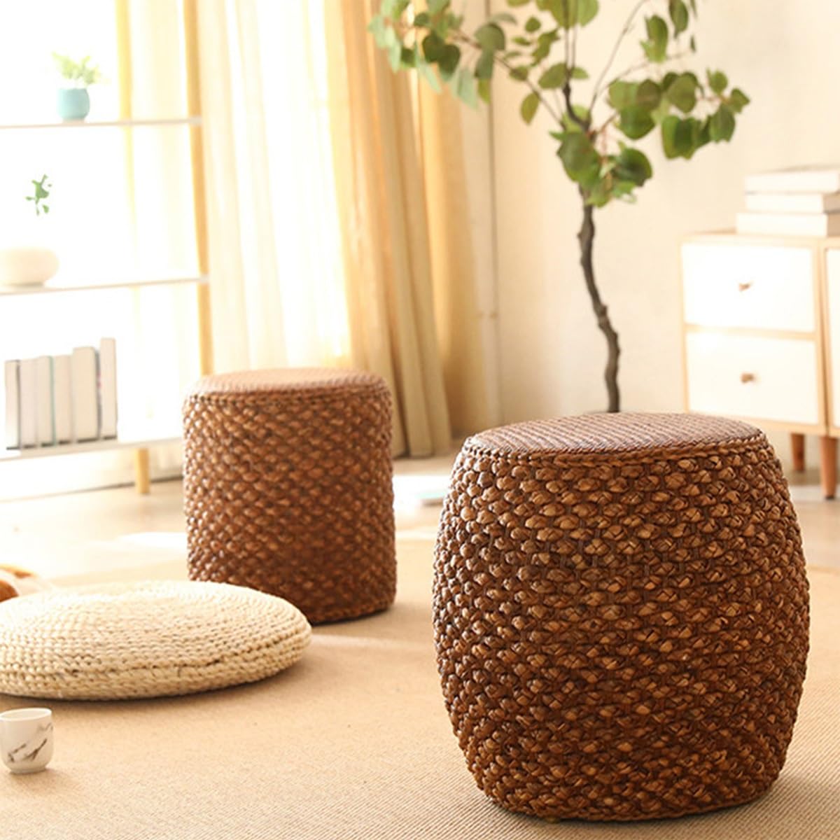 Taburete bajo de Madera Maciza con Asiento de bambú Trenzado a Mano, Robusto y cómodo, Taburete versátil para salón, Dormitorio o balcón, Uso Interior y Exterior(A,30 * 32CM/11.8 * 12.6IN)