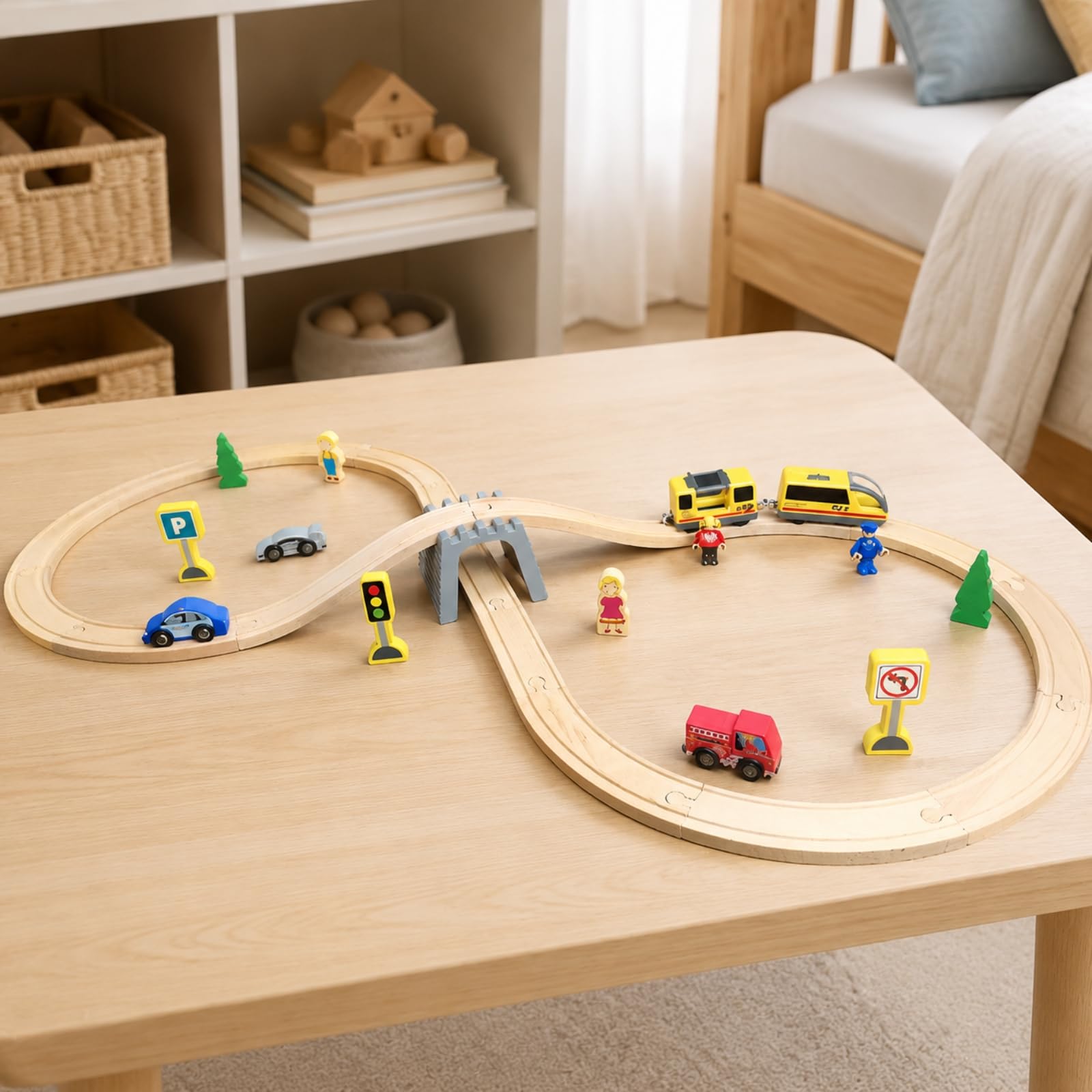 Almencla Pista con Trenetto Batteria e Personaggi Per Bambini, Creativo, Set Ferrovia in Legno con Accessori Città, Apprendimento Del Pensiero Spaziale