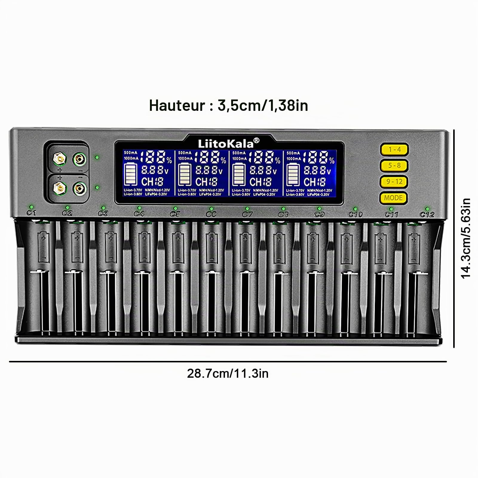 LiitoKala Lii-S12 18650 12 Bay Chargeur de Batterie Universel Rapide et Intelligent avec écran LCD,pour Li-ION(IMR/ICR) LiFePO4 Ni-MH/CD 18650 21700 26650 18350 14500 RCR123 9V Batteries AA AAA C