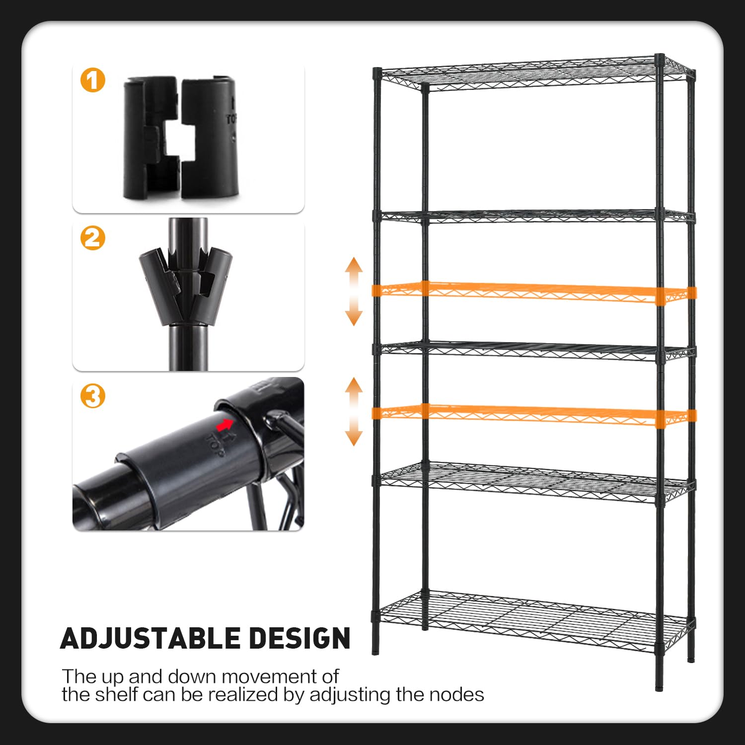 Furniture of America Upland Metallregal mit 5 Etagen, NSF-Zertifiziert, strapazierfähig, höhenverstellbar, Drahtregal für Küche, Büro, Garage, Keller, Waschküche, Schwarz