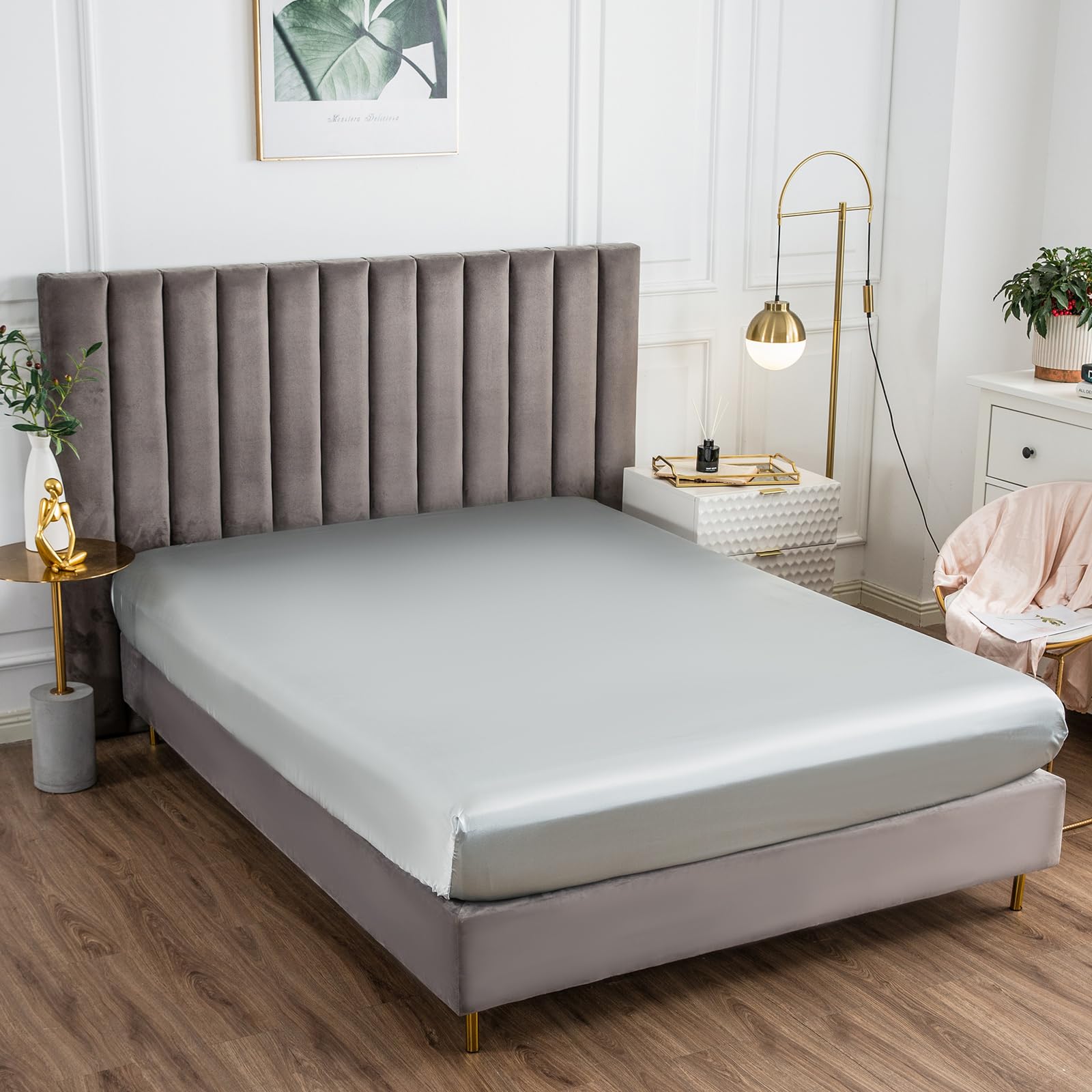 Morbuy Small Double Fitted Sheet Satin Silk Bed Sheets, Silver Fitted Sheets Deep Pocket 30 cm - Image 2