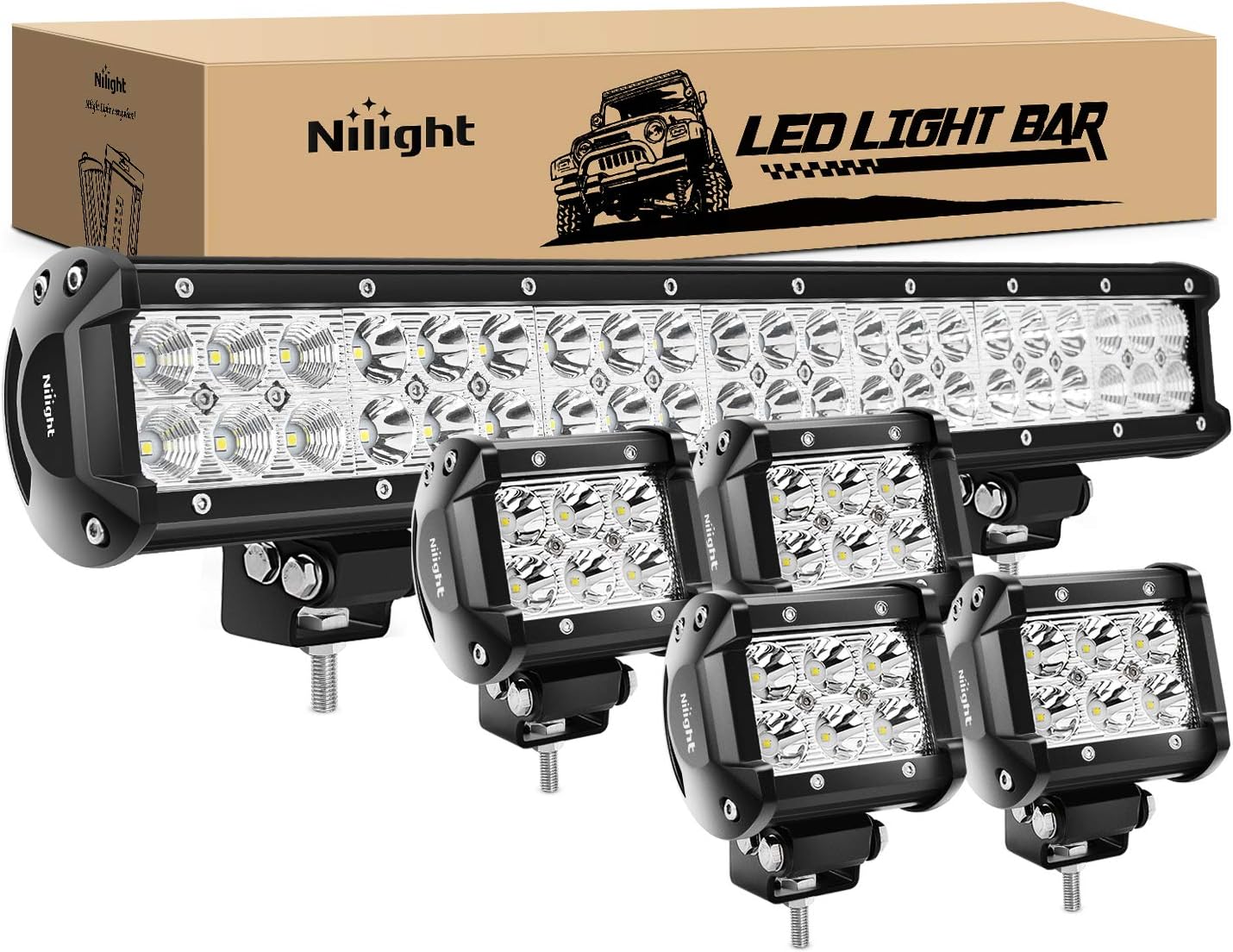 Zh003 20Inch 126W Spot Flood Combo Led Light Bar 4Pcs 4Inch 18W Pods Fog Lights For Jeep Wrangler Boat Truck Tractor Trailer Off-Road, 2 Years Warranty