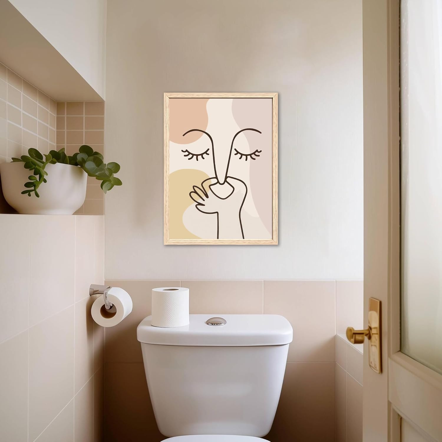 FWAHREN Funny Boho Bathroom Decor Wall Art, Framed Modern Abstract Minimalist Face Line Art Pictures Wall Decor for Restroom Office Living Room Bedroom, Neutral Beige Canvas Print Artwork, 12x16in