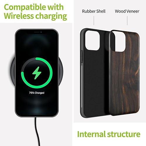 Miniatura 5 de Carveit Funda de madera para iPhone 11 Pro Max madera real dura y TPU suave negro a prueba de golpes, protector de teléfono de madera único
