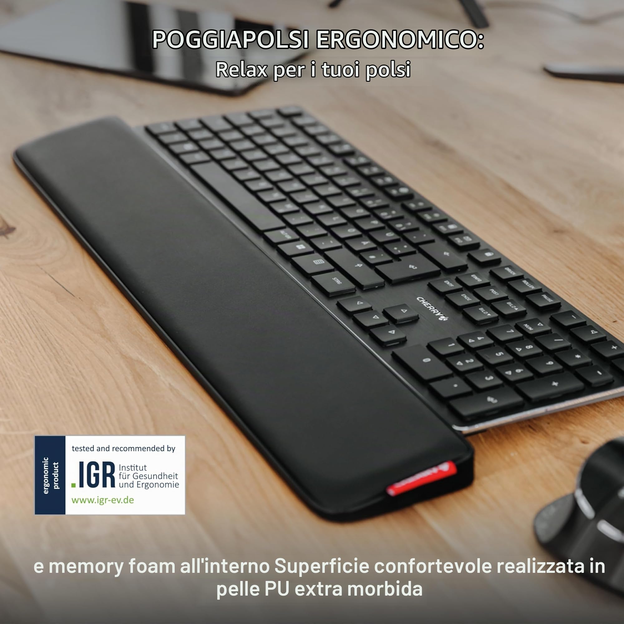 CHERRY PALMREST ERGO, Poggiapolsi Ergonomico, Compatibile con Qualsiasi Tastiera, Piedini Estendibili, 3 Diverse Inclinazioni, Extra Lungo, Nero