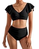 Women Ruffle High Waisted Bikini Sets Sexy Twist Push Up Two Piece Swimsuit