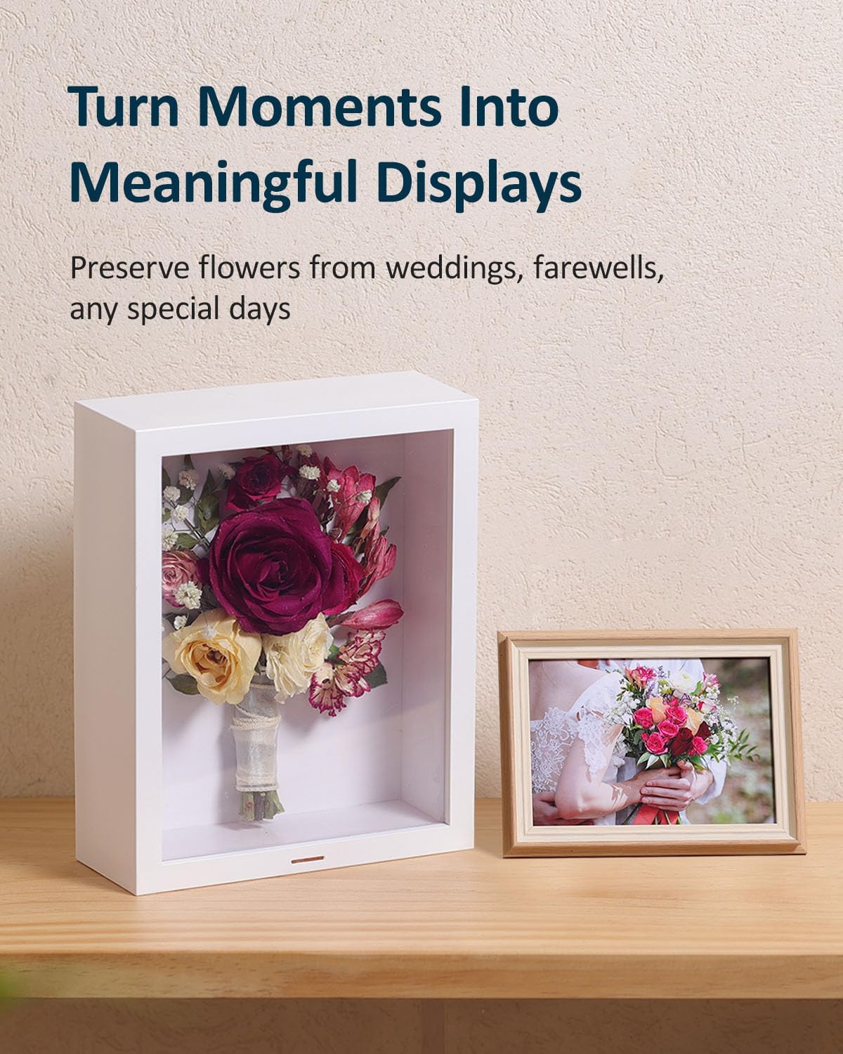 Wisedry 10x8 Inch Flower Shadow Box Frame - 360° Airtight Seal Wedding Shadow Box with Silica Gel Packets, Memory Display Cases for Wedding Bouquet, Pet Memorabilia, Medals