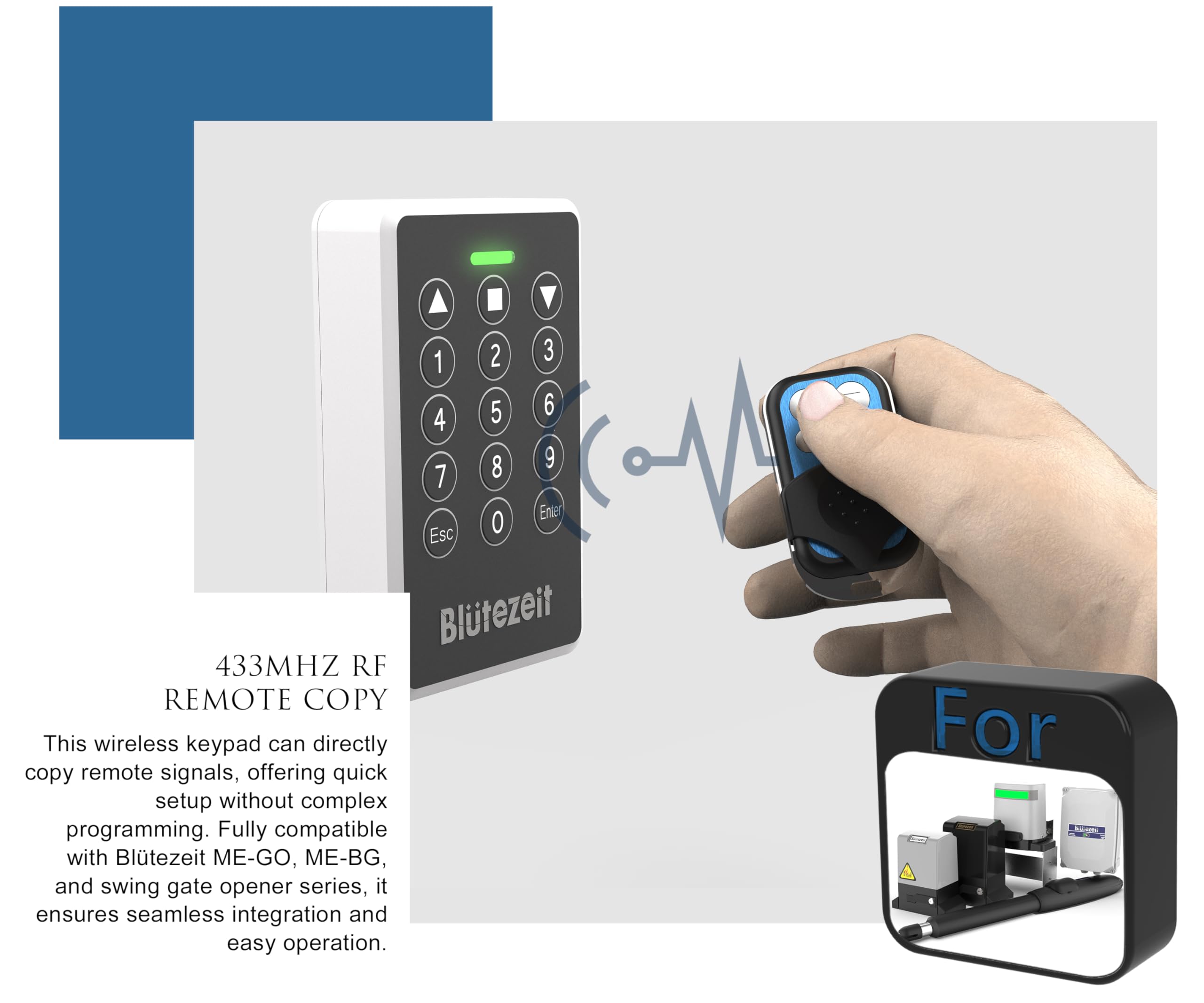 Blütezeit Funk-Codeschloss 433 MHz mit Regenschutz, Kabellose Tastatur für Torantriebe, PIN-Code-Zugangssystem für Schiebe- und Flügeltorantriebe