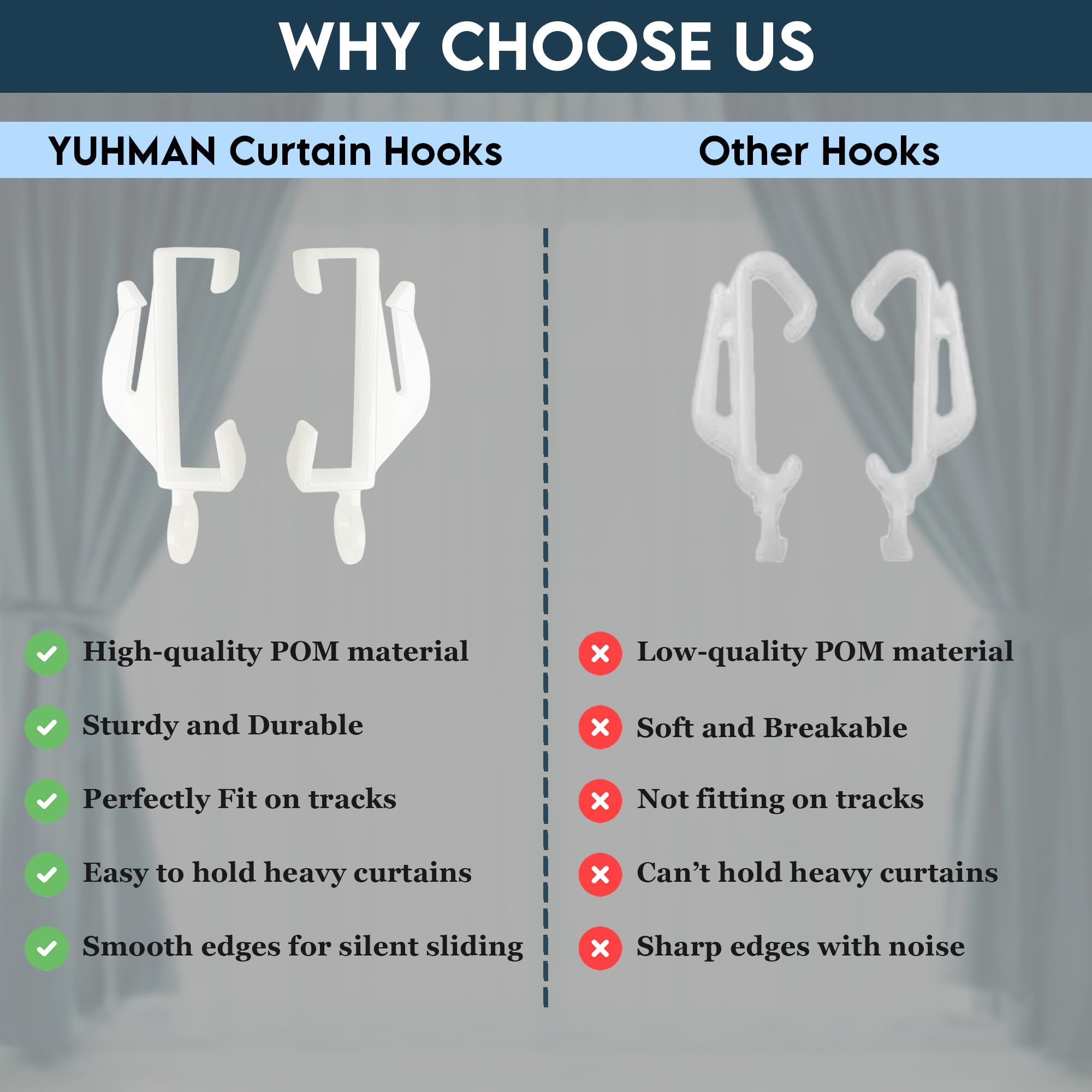 Yuhman 50 pack Glider Curtain hooks, Plastic White- 4.7cm x 2.1cm Premium & Heavy-Duty Curtain Track Hooks - Image 4