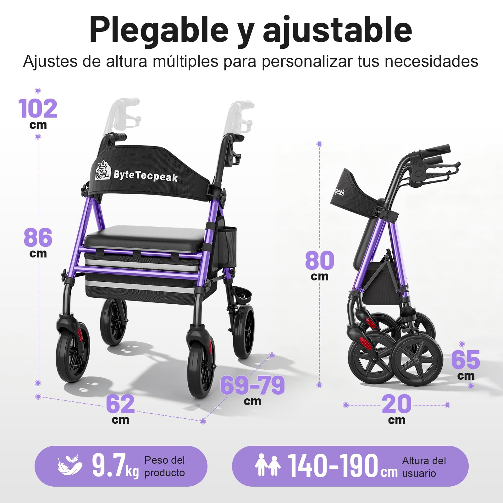 R4 Andador plegable para ancianos, andadores adultos, altura ajustable en 5 niveles en asiento y manillar, caminadores de 4 ruedas con freno, bolsa de almacenamiento, carga máxima 100KG (Morado)