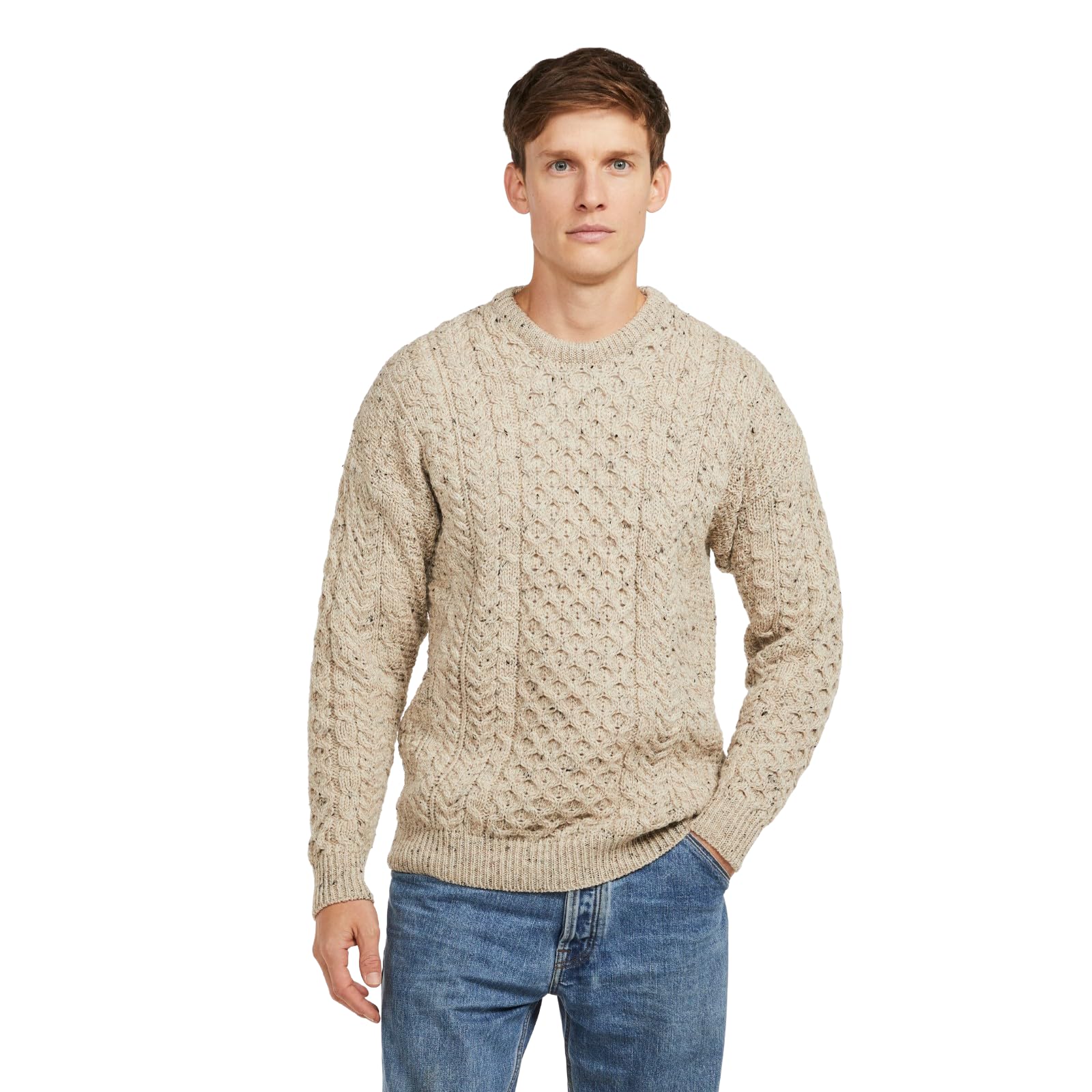 Aran Sweater Men's Traditional Knit 100% Wool Crew Neck Made in Ireland