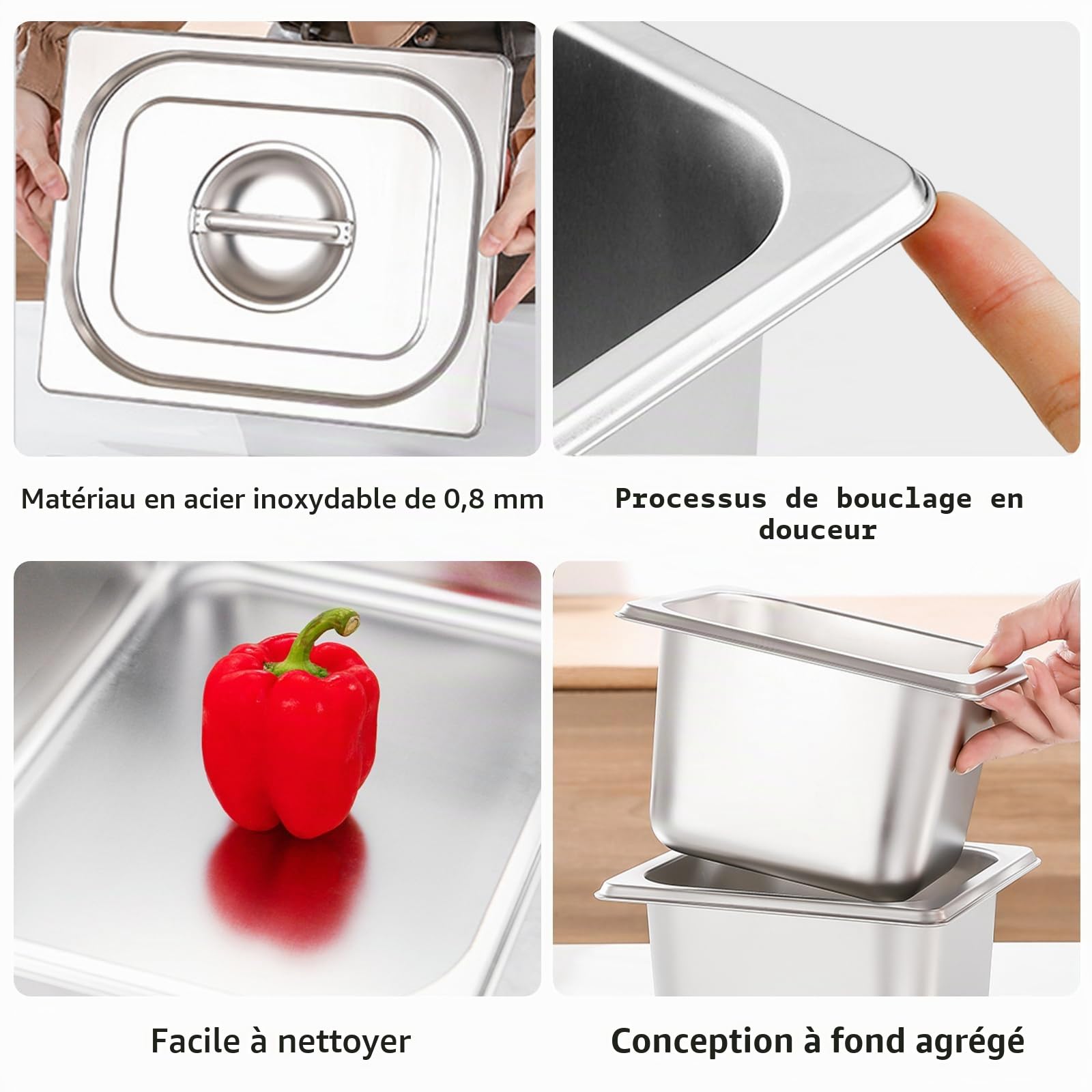 BYZESTY Lot de 4 bacs gastro inox GN 1/6 – hauteur 15 cm – bac inox alimentaire avec couvercle, bac gastro pour stockage alimentaire professionnel