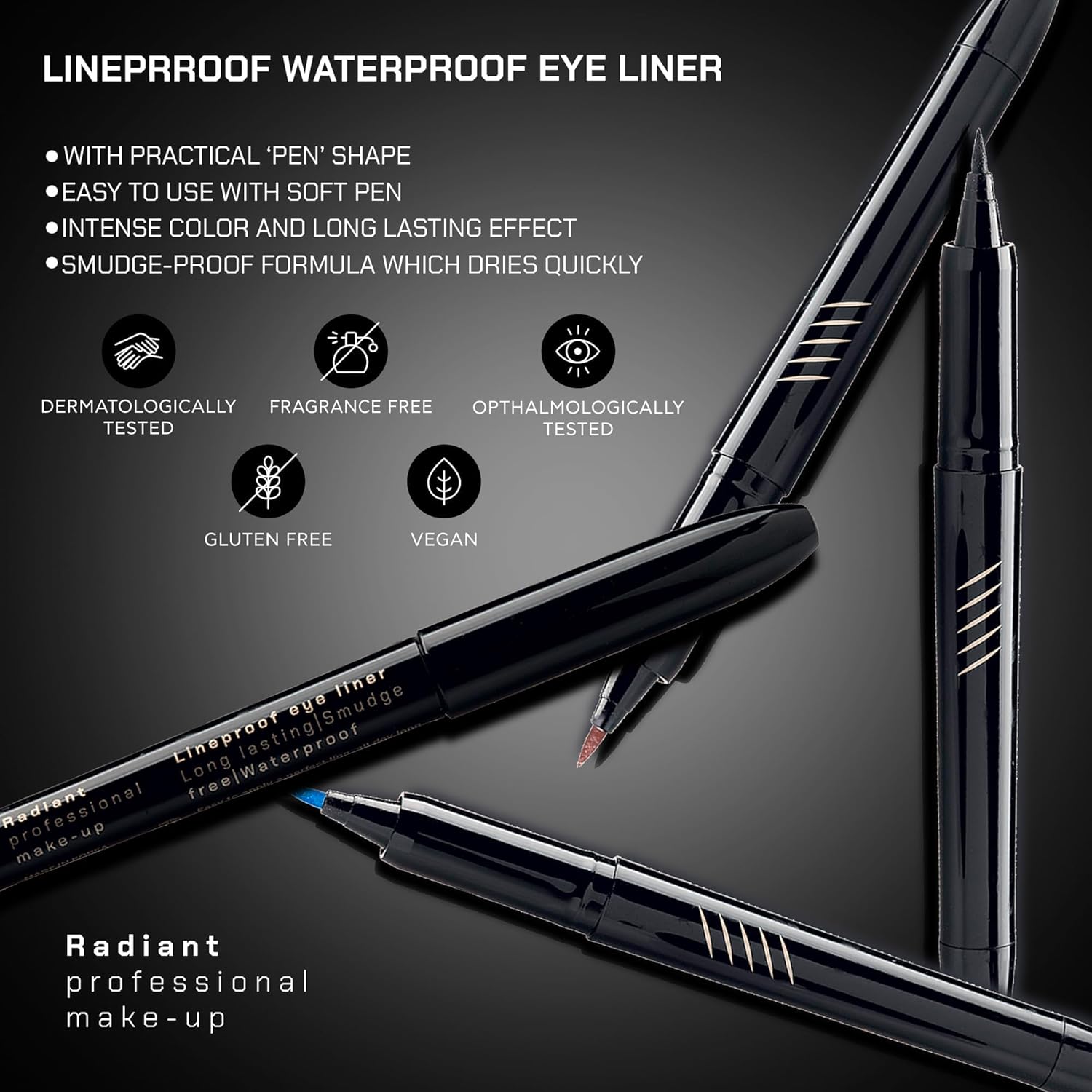 Radiant Professional Liquid Eyeliner Pen - Waterproof, Smudge Proof & Long Lasting Eyeliner with Flexible Precision Felt Tip for Smooth Winged Eye Makeup, Precise Lines with Intense Color, (01 Black)