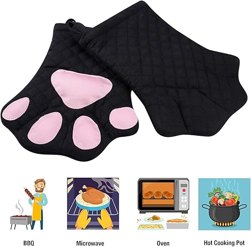 Vista 4 de Guantes para horno, diseño de gato, guantes de cocina resistentes al calor, forro de algodón acolchado, resistentes al calor, guantes para asar