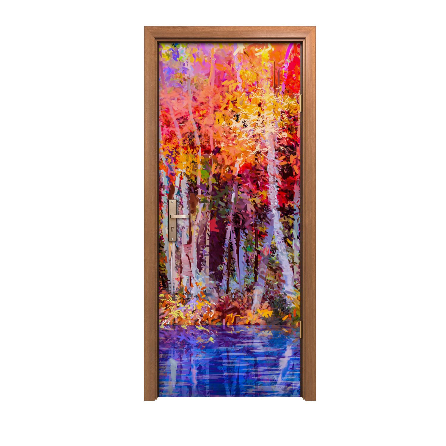 Autocollant de porte 90x200cm arbres colorés pour rénover une porte abîmée