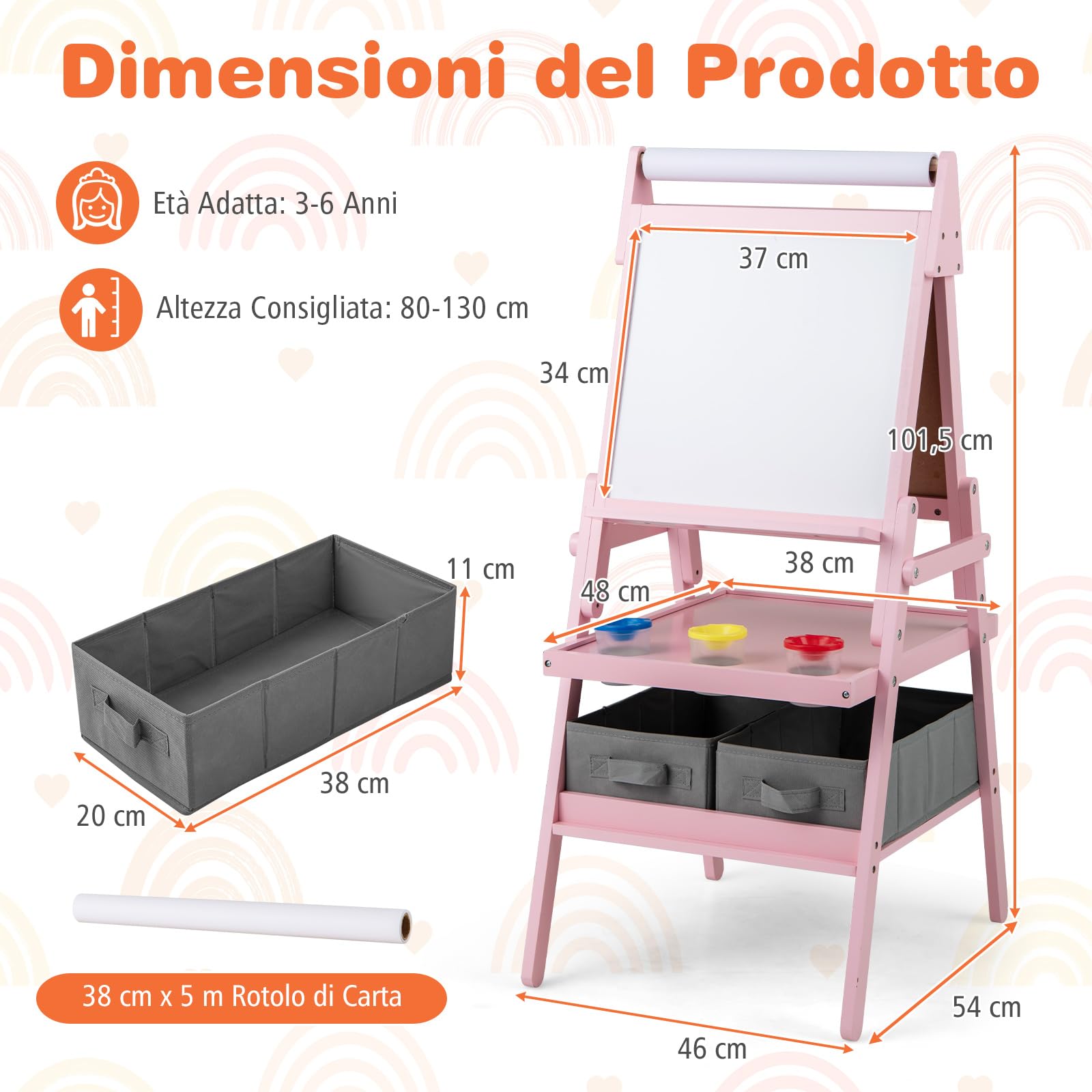 RELAX4LIFE 3 in 1 Lavagna per Bambini, Cavalletto con Doppia Faccia Magnetica e Lavagna Bianca, Rotolo di Carta, Scaffale Doppio e 2 Cesto in Tessuto Pieghevole, 3 Tazze, Legno per 3+Anni (Rosa)