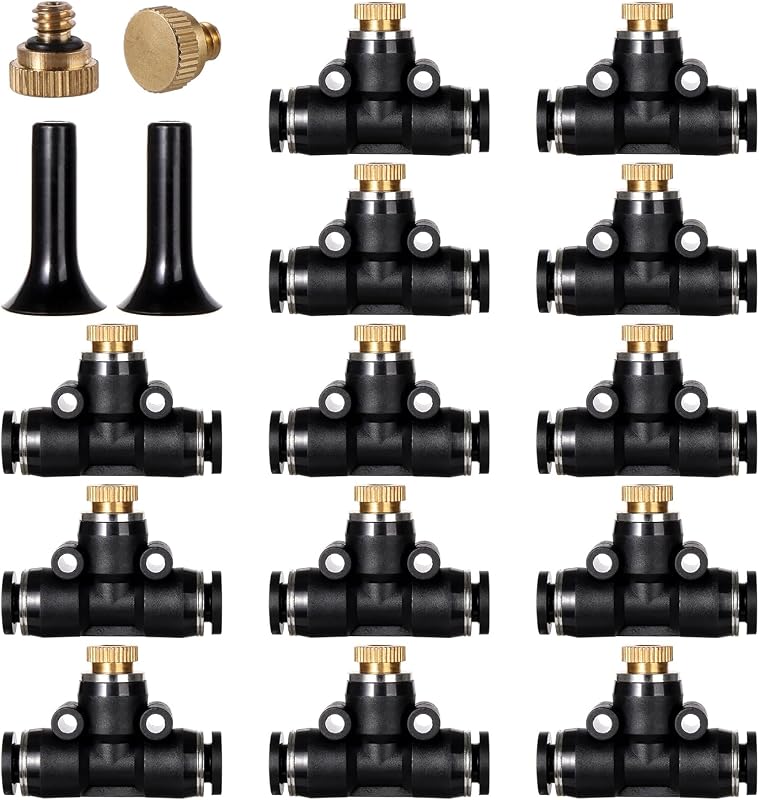 12 Pack Brass Misting Nozzles Outdoor Cooling System | Include 12 Heavy Duty Misting Nozzle,12 Tees,2 Brass Plugs,2 Black Plugs for Outdoor Cooling system