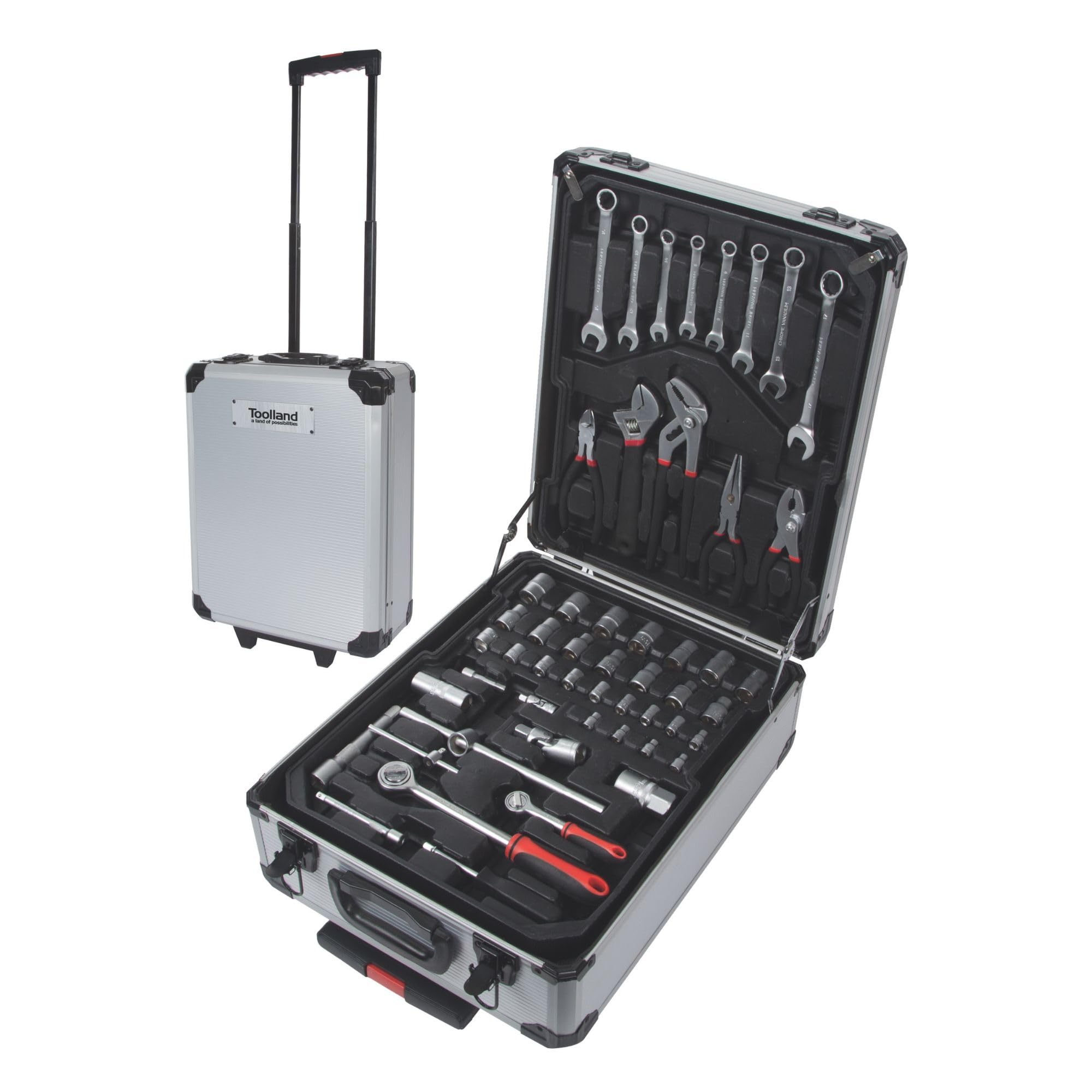 Toolland Trolley de herramientas llenas, 260 piezas, incluidos contenidos, con 4 incrustaciones extraíbles, sobre ruedas.