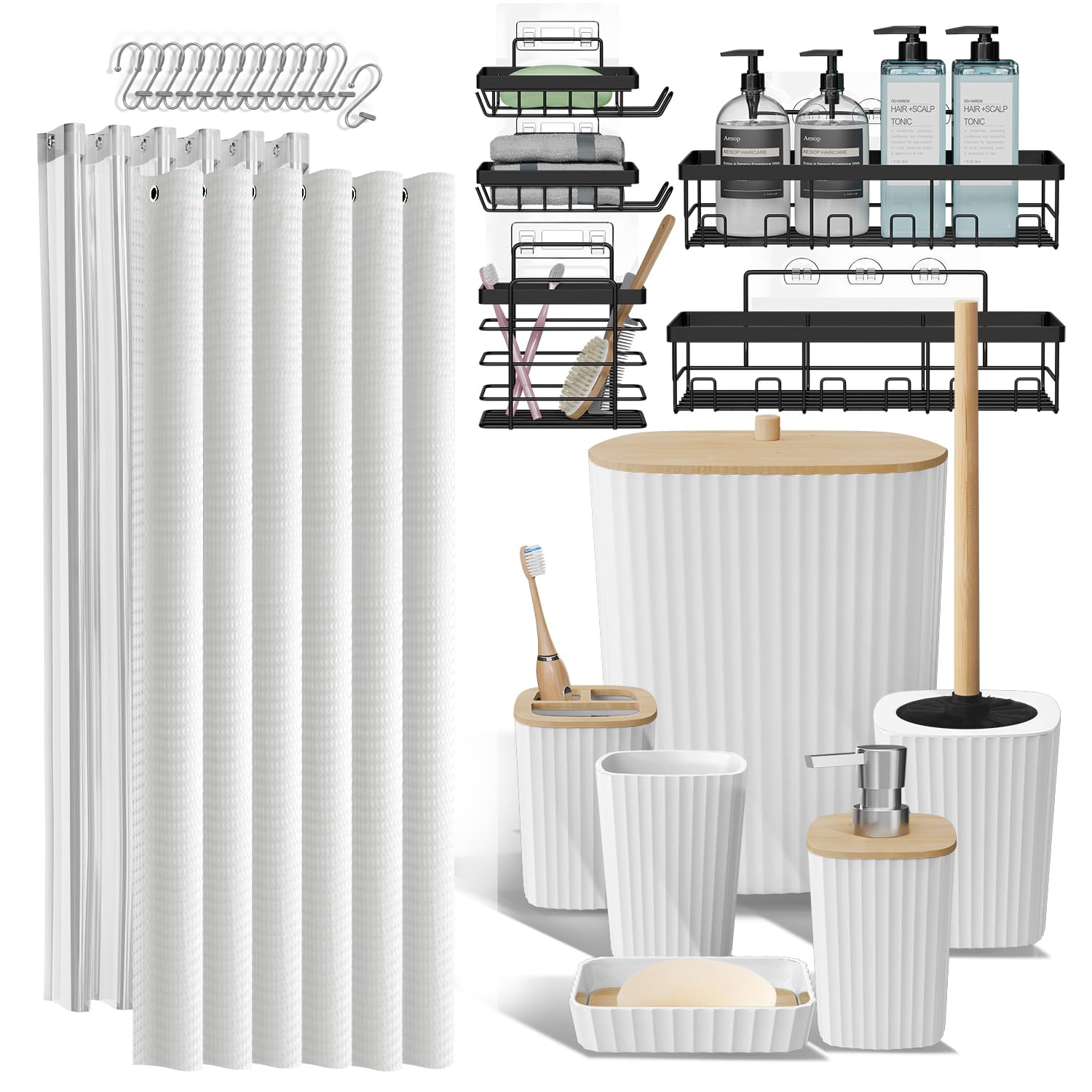 Shower Caddy and Bathroom Accessories Set 25PC Bathroom Accessory Set with Shower Shelf Caddy for Bathroom Storage, White Shower Curtain Set, Toilet Brush, Trash Can, Soap Dispenser, Toothbrush holder