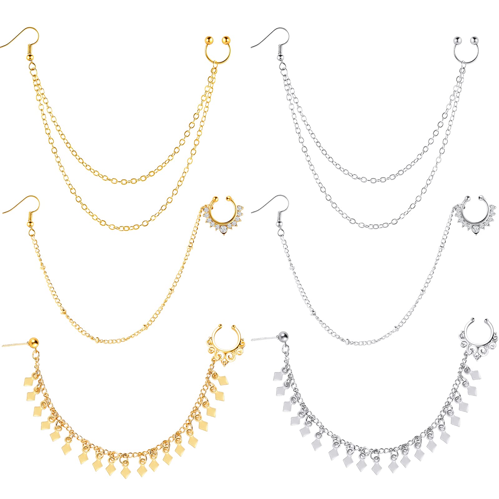 Hicarer6 Pieces Nose Rings Hoop Chain Diamond-studded Double-layer Septum Non Piercing Nose Hoop Ring Chain Dangle Earrings for Women