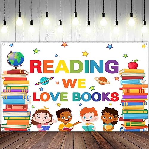 Miniatura 3 de ZTHMOE Tela 68 x 45 pulgadas telón de fondo de lectura del Día del Libro Mundial biblioteca aula fondo de fotografía estudiantes niños decoraciones