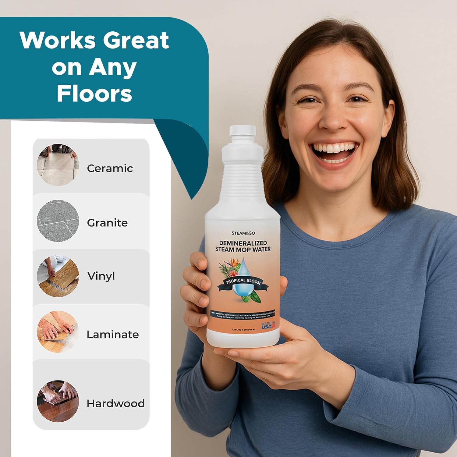 Steam & Go Demineralized Water for Steam Cleaner - PVC-Free Floor Cleaning Solution Compatible for All Steam Mops - Multi-Surface Cleaner for Home Surfaces - Tropical Bloom Scent, 32 oz (Pack of 6)