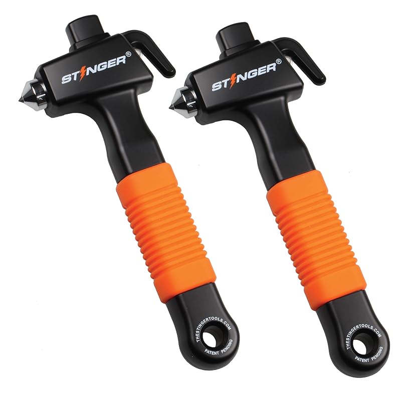 Stinger Ferramenta de Emergência Automotiva com Quebra-Vidro por Mola e Cortador de Cinto, Aço-Carbono Endurecido, Laranja, Kit com 2 peças